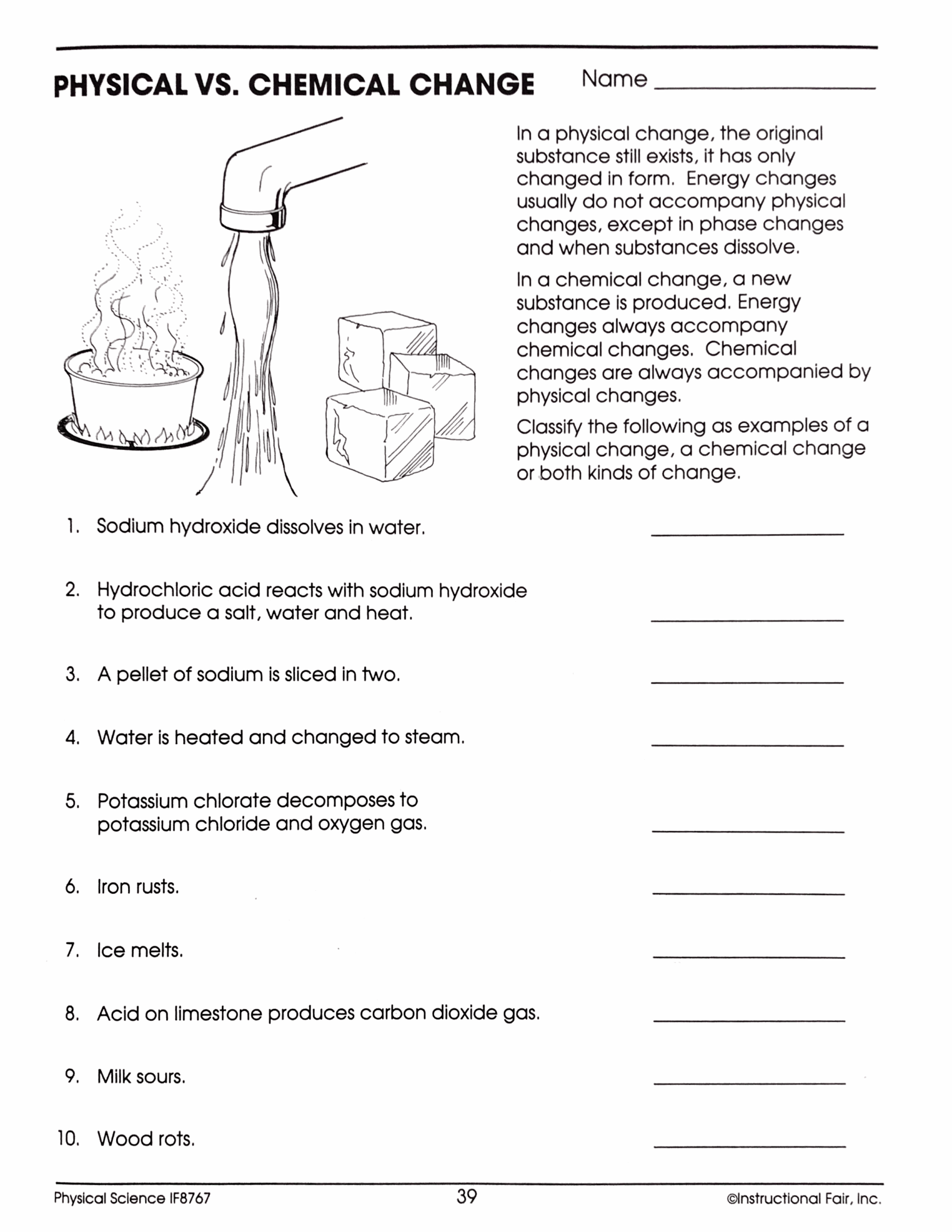 physical vs chemical change worksheet physical vs chemical change worksheet