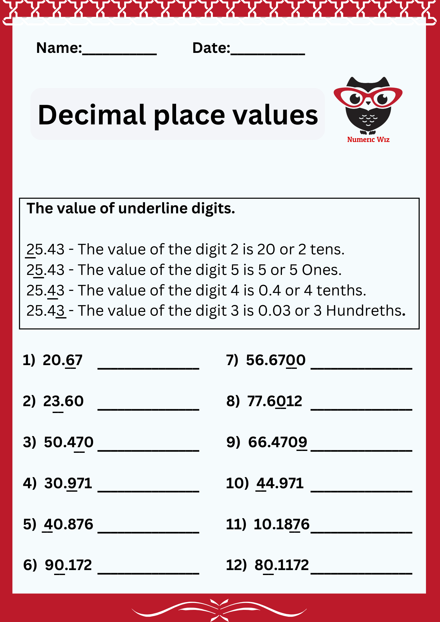decimals place value worksheet decimals place value worksheet