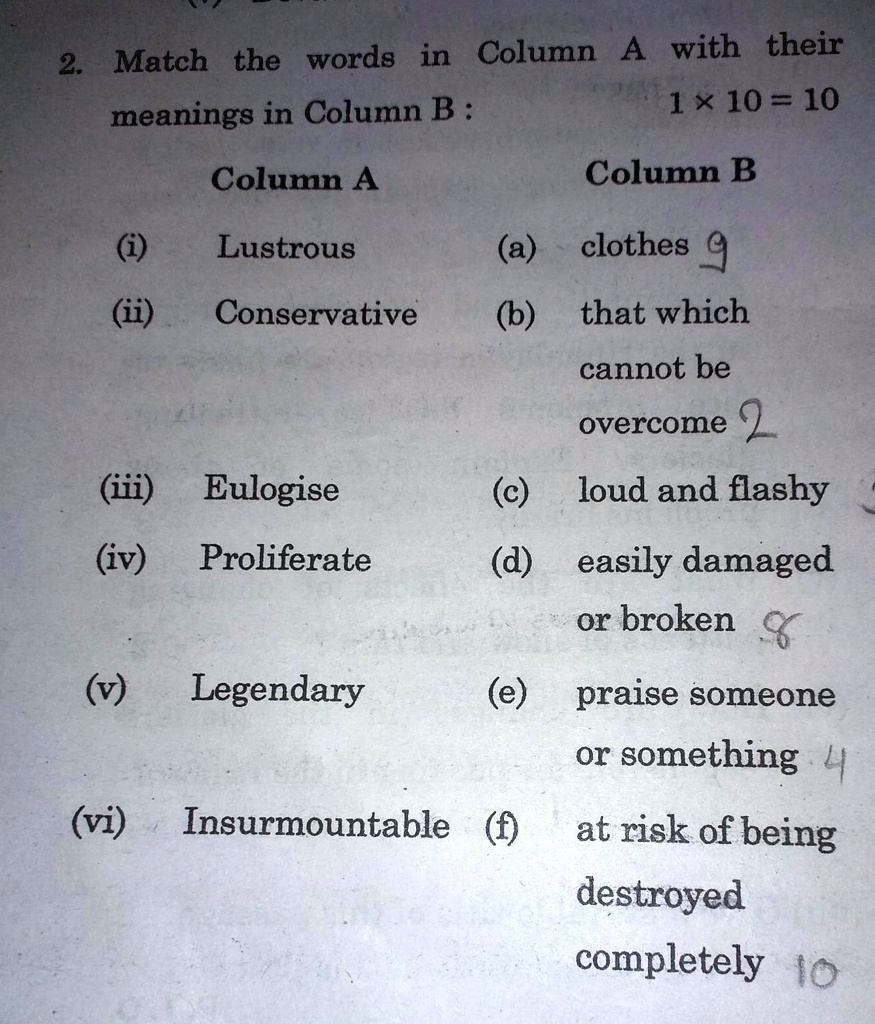 Please Answer This Question Words In Column A With Their 2 Match The Meanings In Column