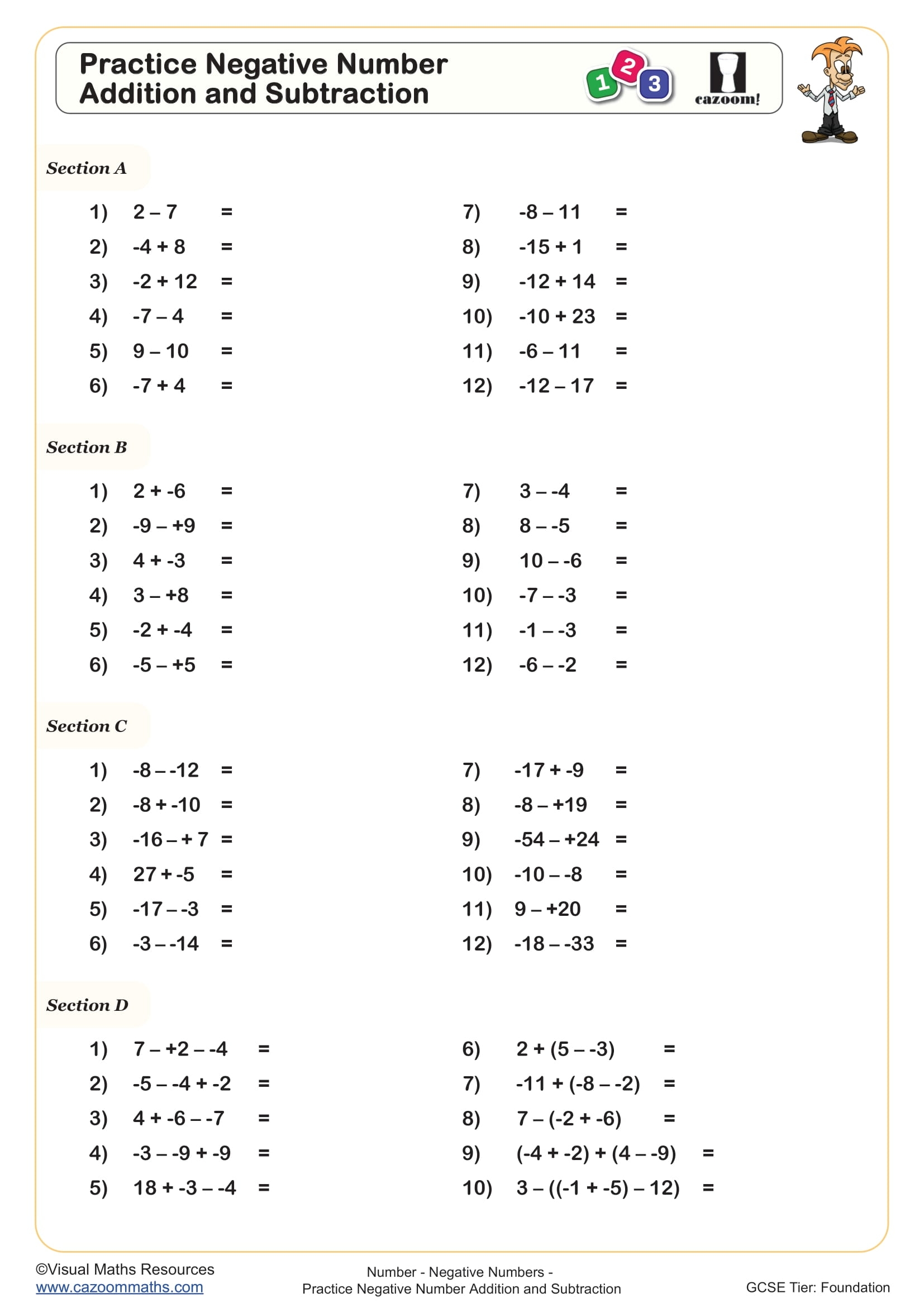 Practice Negative Number And Addition And Subtraction Worksheet Printable PDF Worksheets