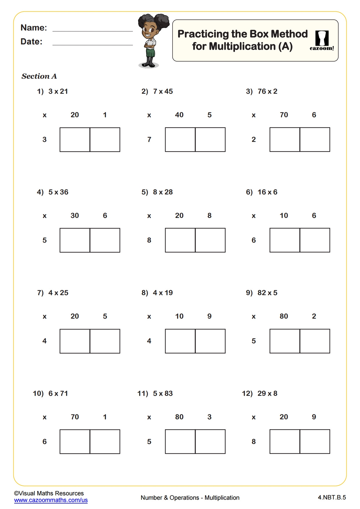 Practicing The Box Method For Multiplication B PDF Printable Number And Operations Worksheets Cazoom Math