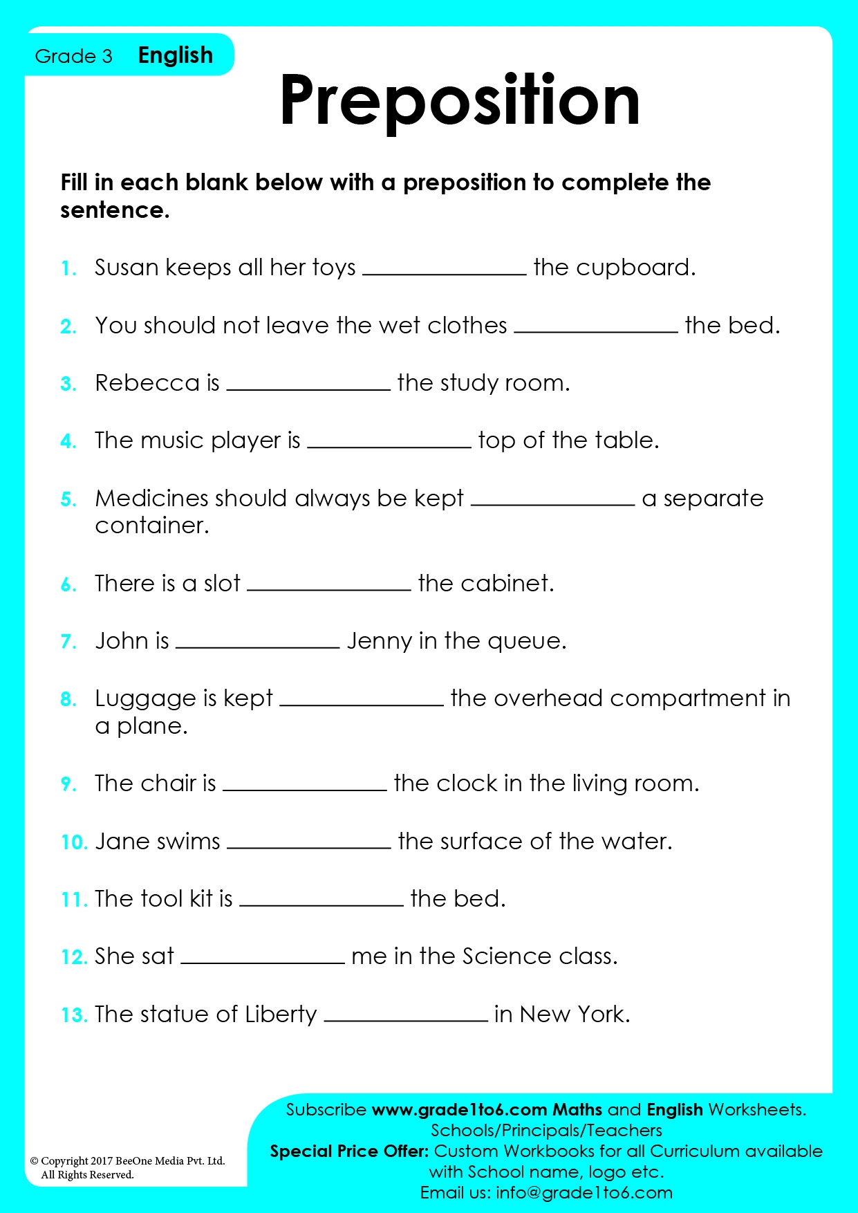 Preposition Worksheets For Class 3 Grade1to6