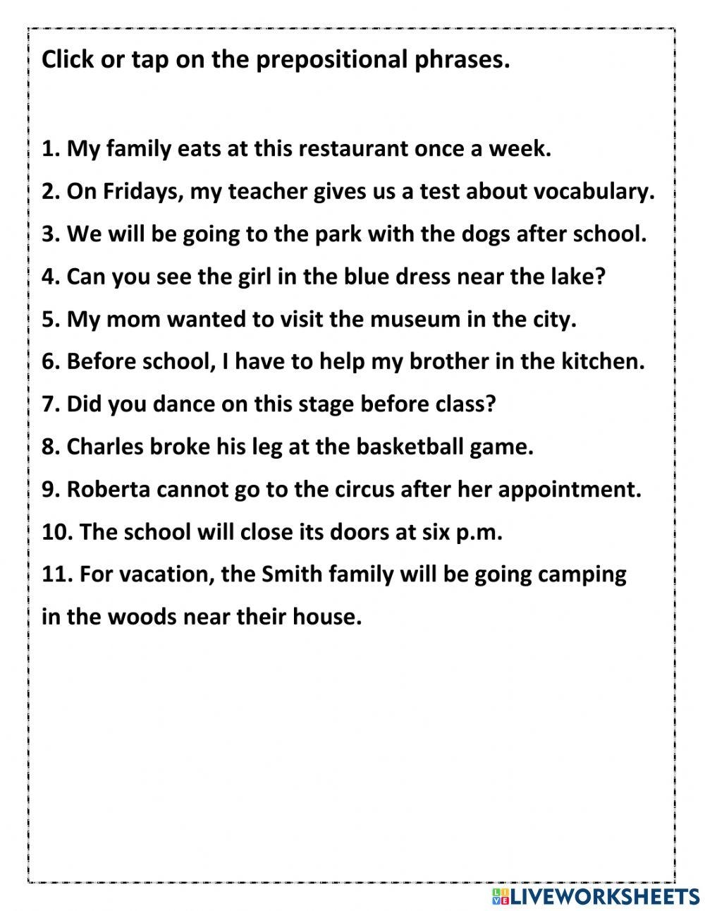 Prepositional Phrases Exercise For 5 Live Worksheets Worksheets Library Prepositional Phrases Exercise For 5 Live Worksheets Worksheets Library