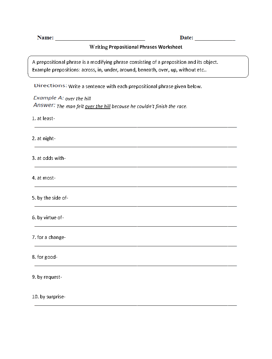 prepositions and prepositional phrases worksheet prepositions and prepositional phrases worksheet