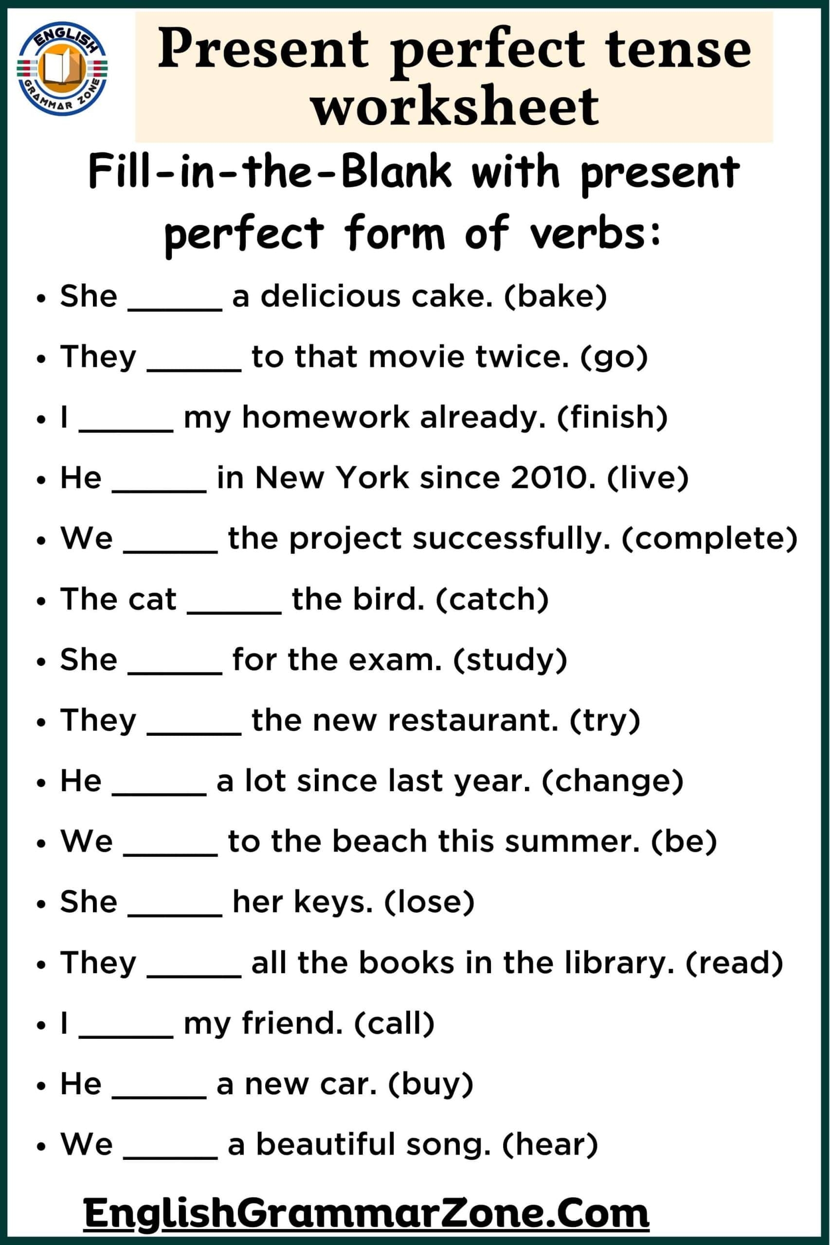 Present Perfect Tense Form Of Verb Worksheet