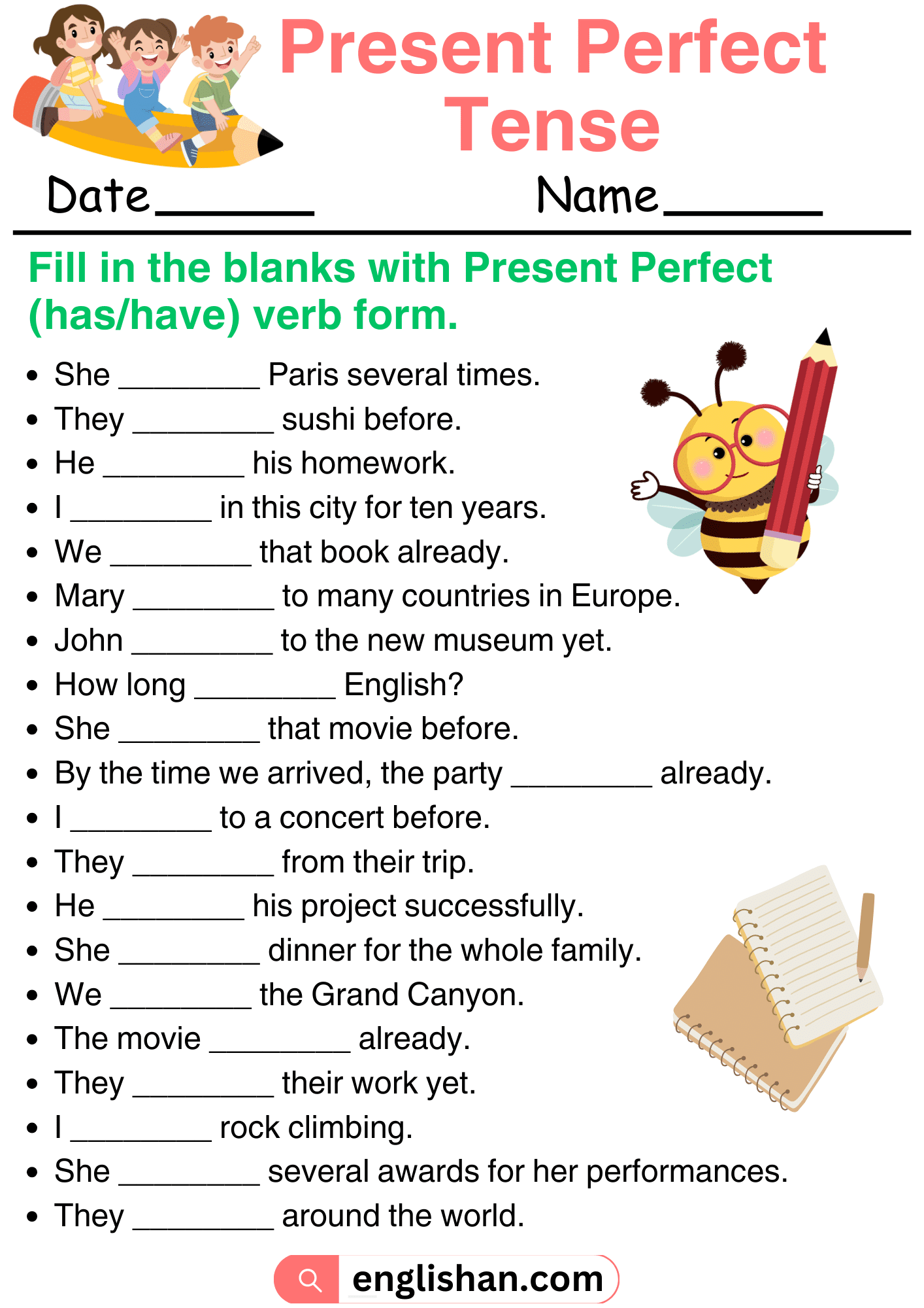 Present Perfect Tense Worksheets And Exercises With Answers Worksheets Library