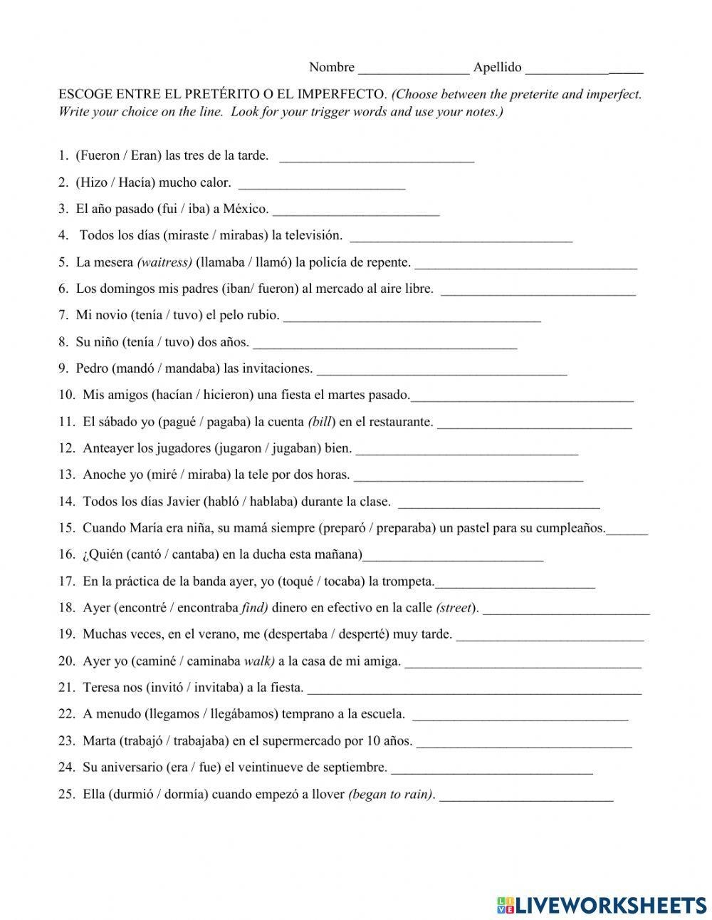 Preterit Vs Imperfect Worksheet Live Worksheets Worksheets Library