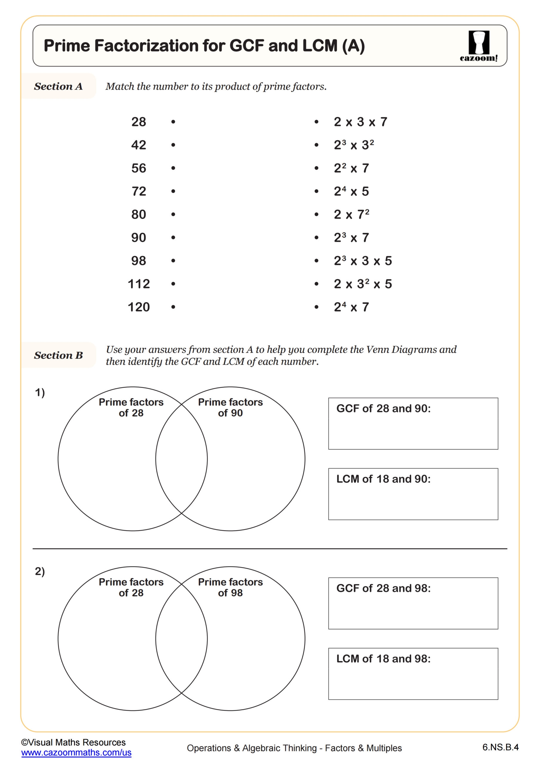 Prime Factorization For GCF And LCM A Worksheet PDF Printable Operations Algebraic Thinking Worksheet Cazoom Math
