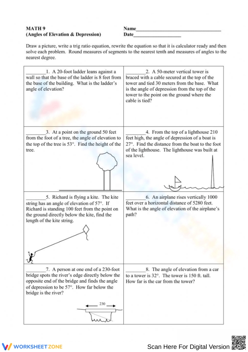 Printable Angle Of Elevation And Depression Trig Worksheets Printable Angle Of Elevation And Depression Trig Worksheets