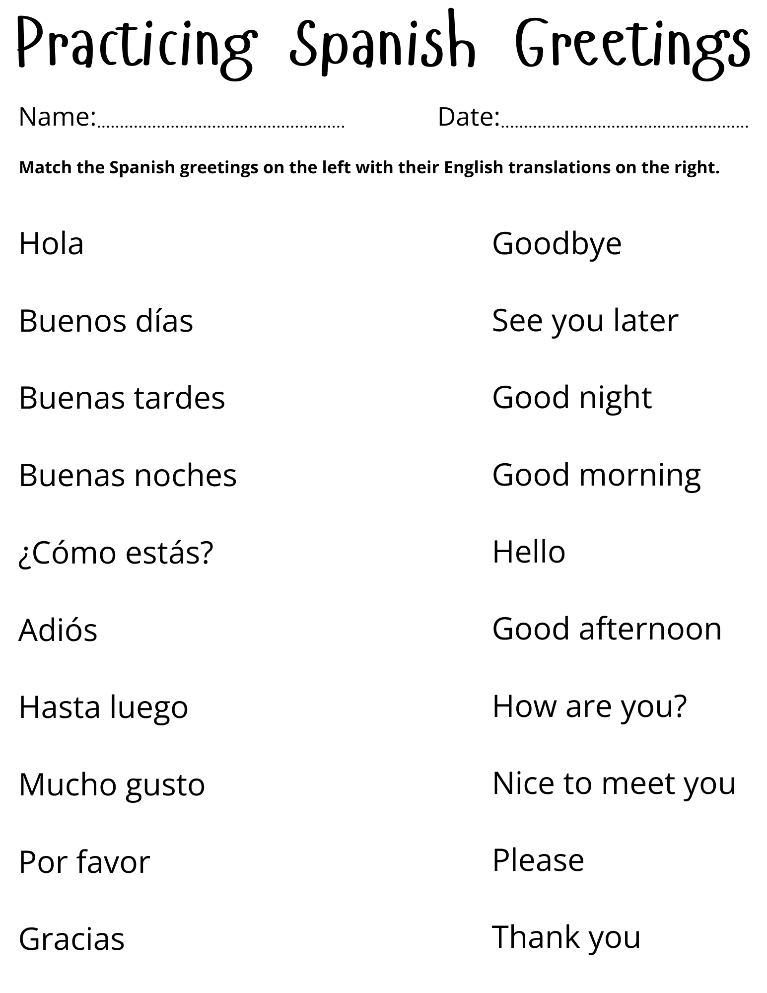 Printable Beginner Spanish Greetings Worksheet Saludos En Espa ol Teaching Resources