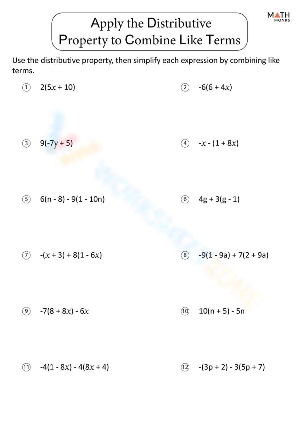 Printable Combining Like Terms Worksheets