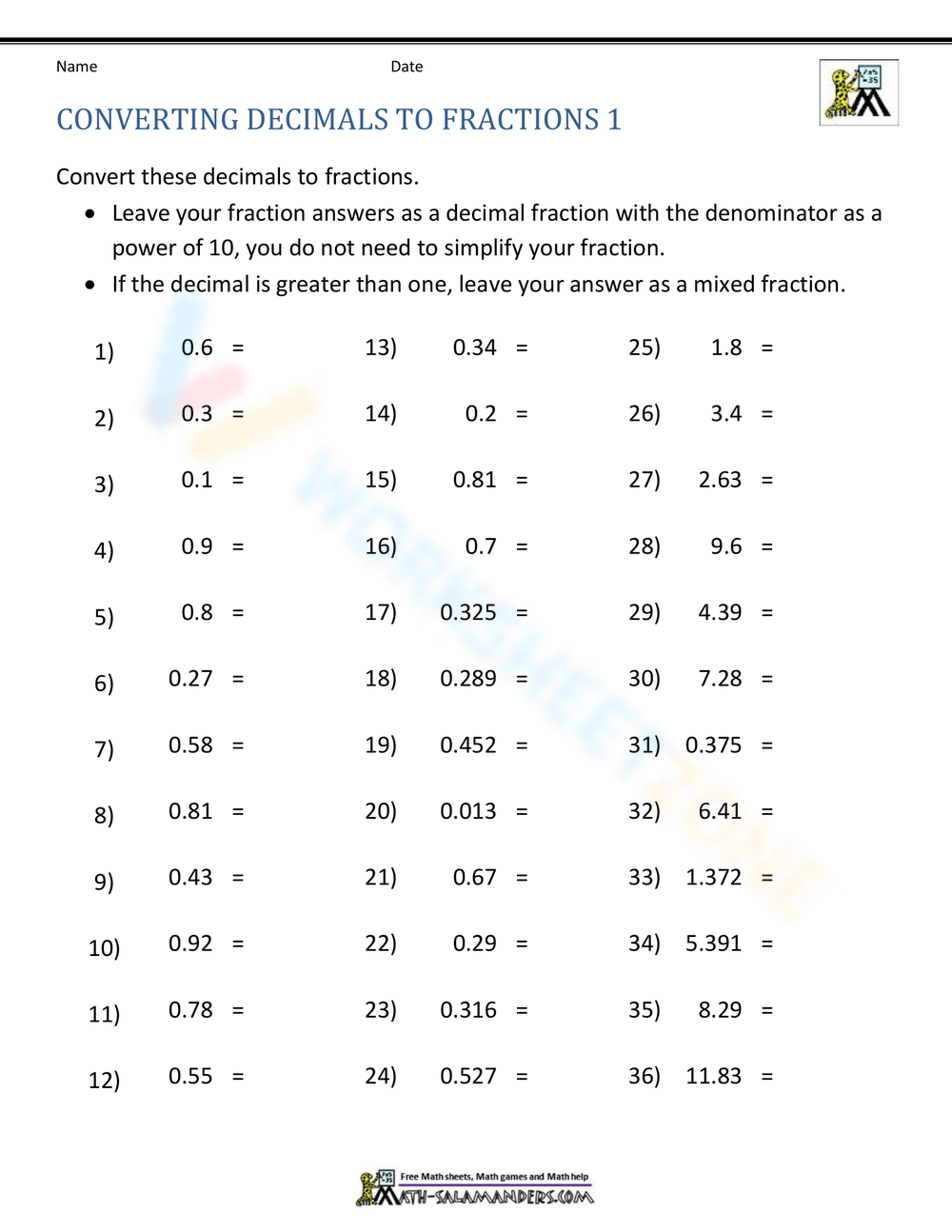 Printable Converting Decimals To Fractions Worksheets Printable Converting Decimals To Fractions Worksheets