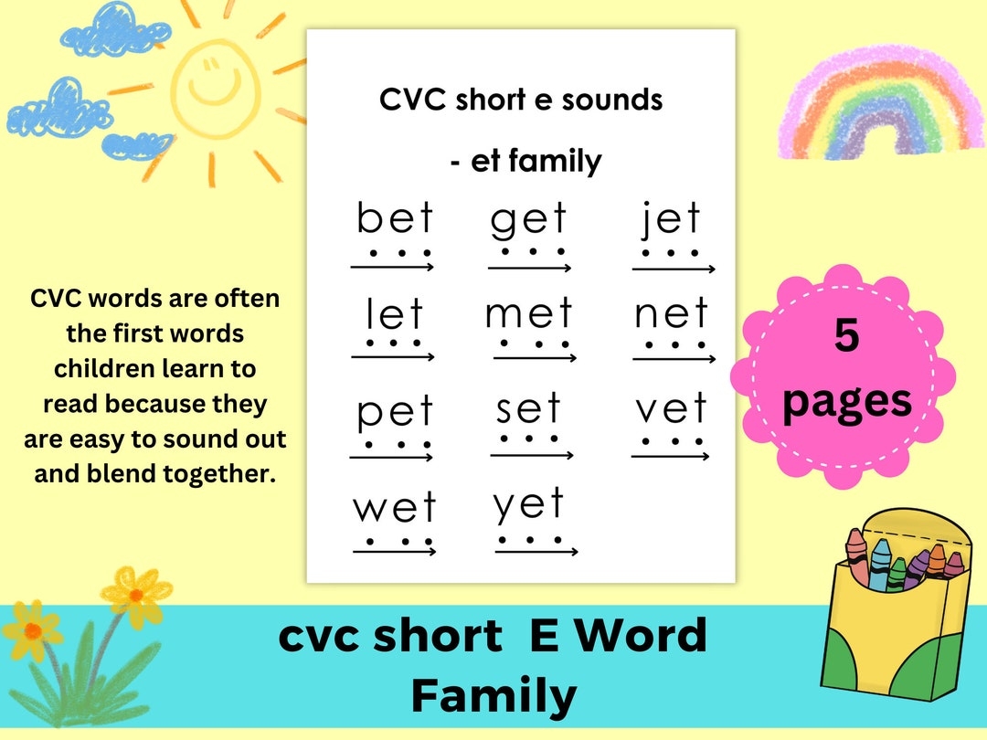 Printable Cvc Words Cvc Short E Family Printable Cvc Short E Family Phonics Instant Download Cvc Short E Sounds Reading Phonics Etsy