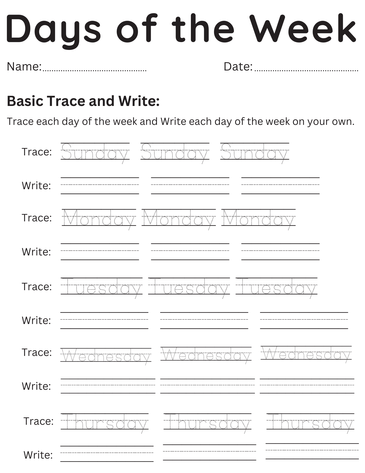 Printable Days Of The Week Trace And Write Worksheet For Kindergarten Teaching Resources