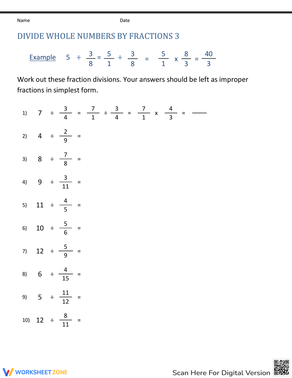 Printable Division With Unit Fractions Worksheets Download