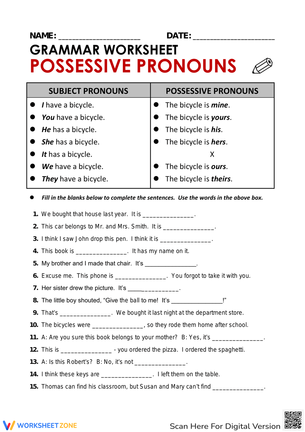 Printable Grade 3 Easter Possessive Pronouns Worksheets Download