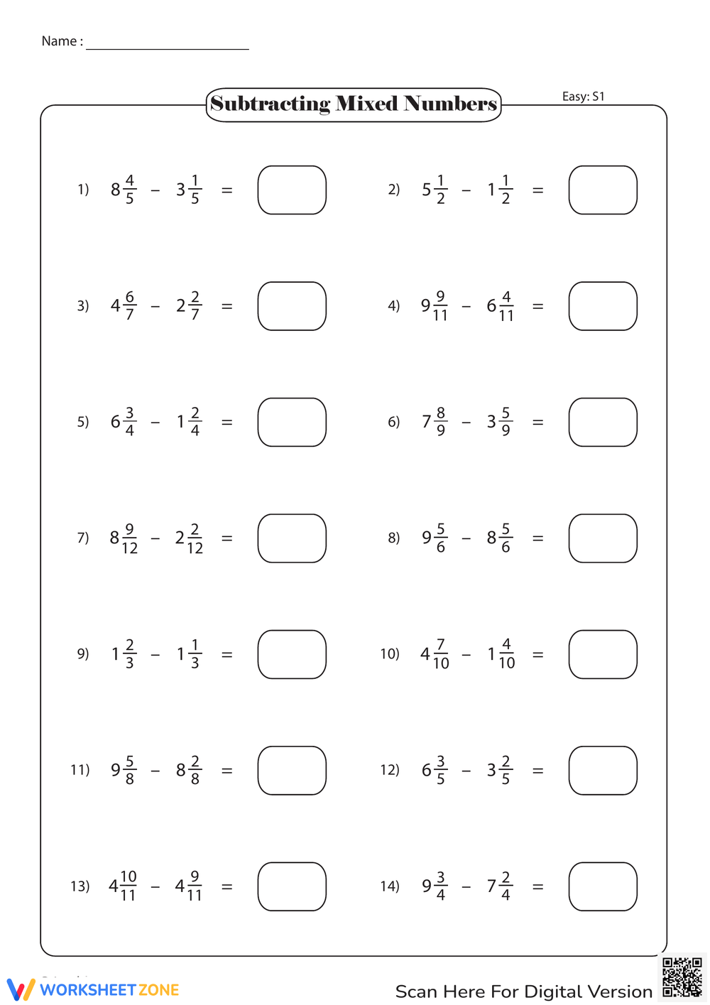 Printable Grade 4 Subtracting Mixed Numbers Worksheets