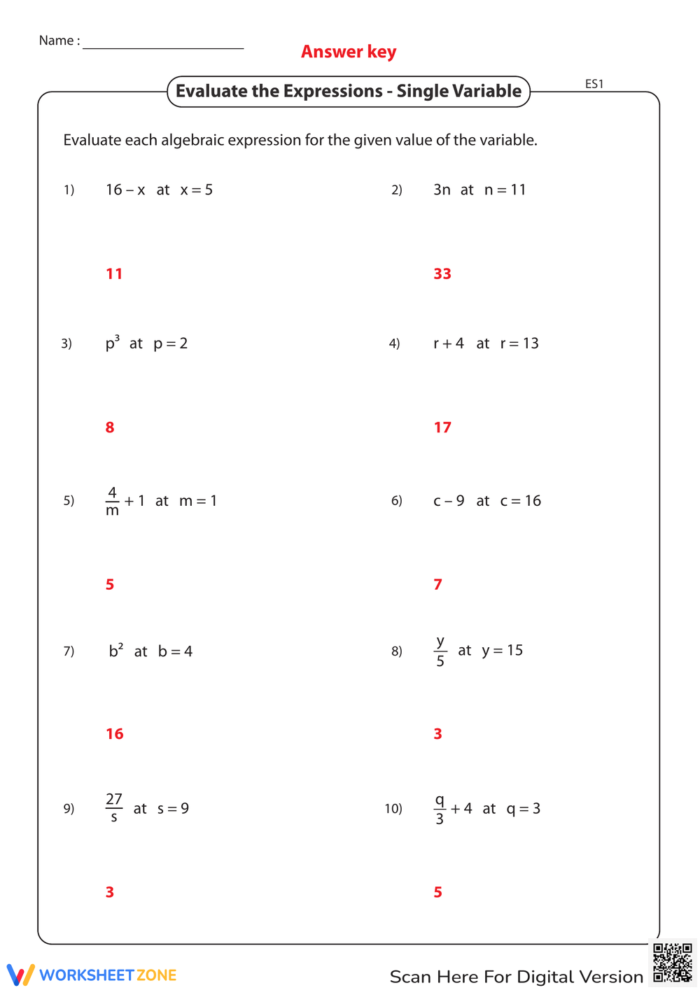 Printable Grade 6 Evaluating Expressions Worksheets Download