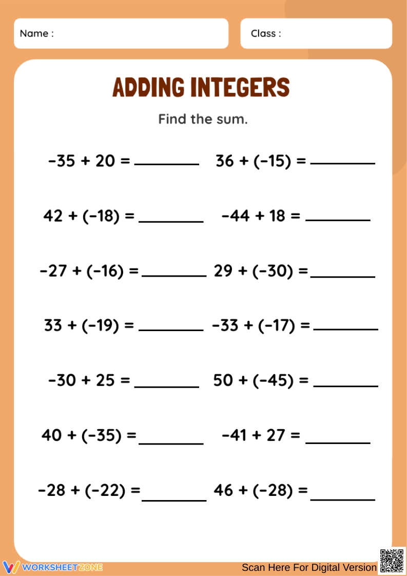 Printable Grade 7 Operations With Integers Worksheets Download