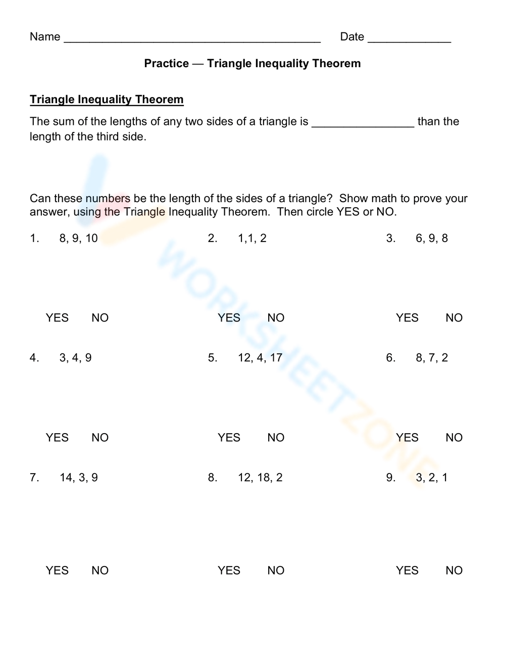 Printable Grade 9 Triangle Inequality Theorem Worksheets