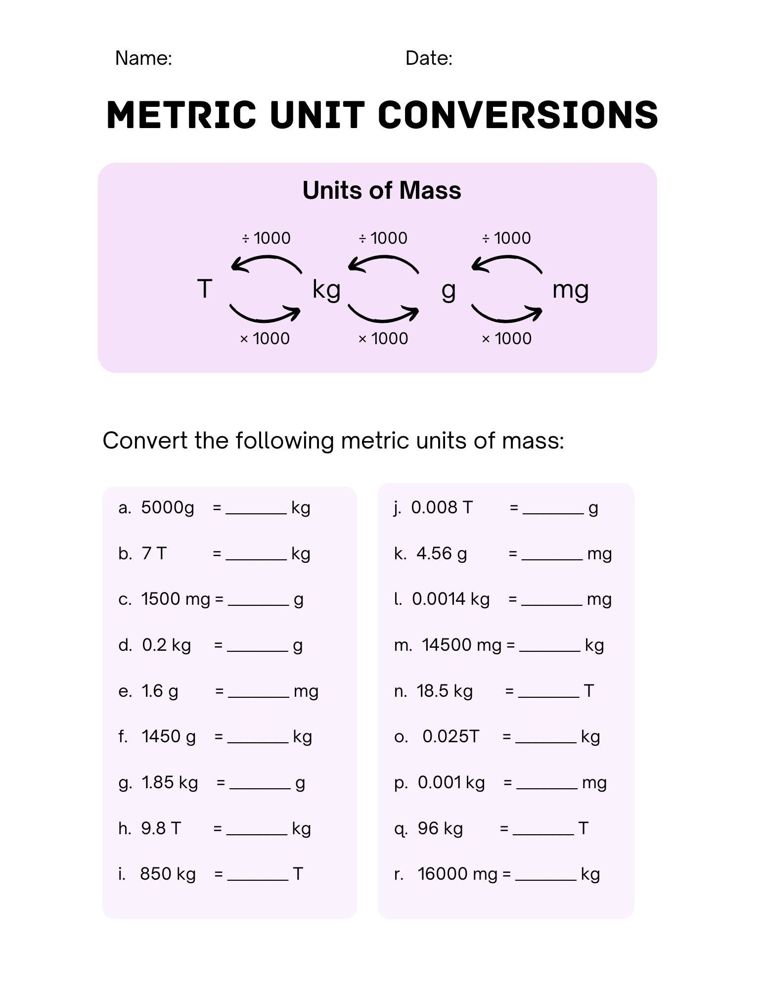 metric measures conversion worksheet