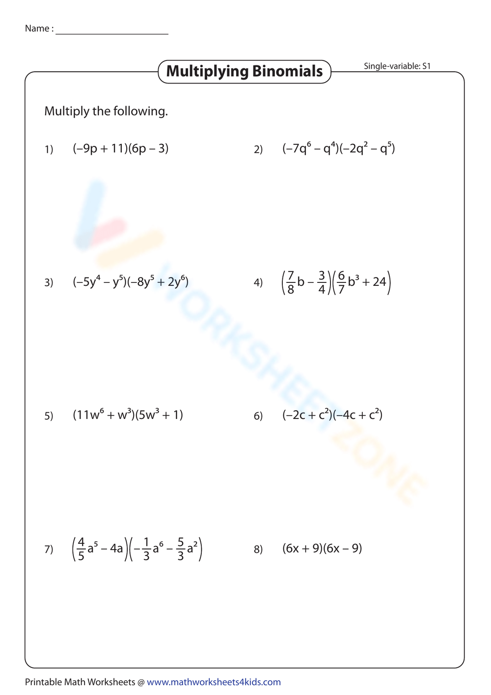 Printable Multiplying Binomials Worksheets Download