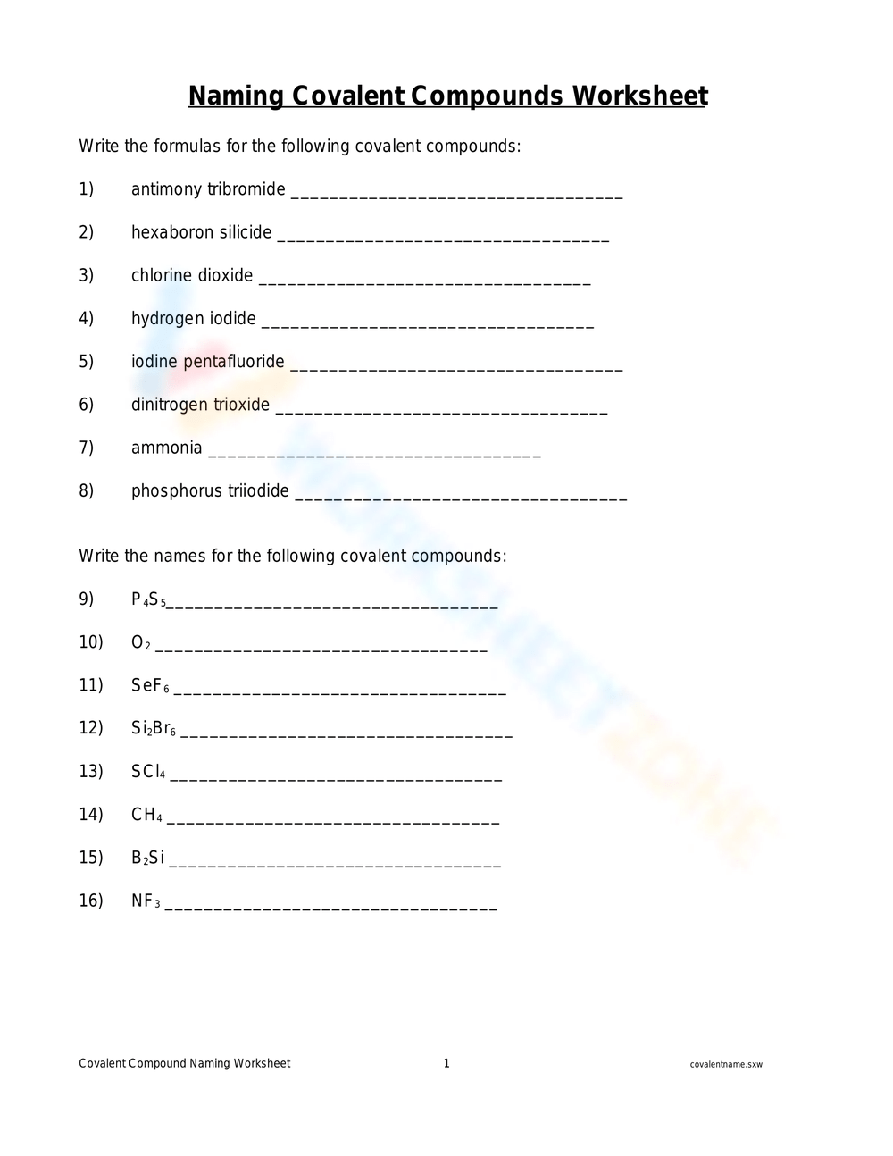 naming chemical compounds worksheet naming chemical compounds worksheet
