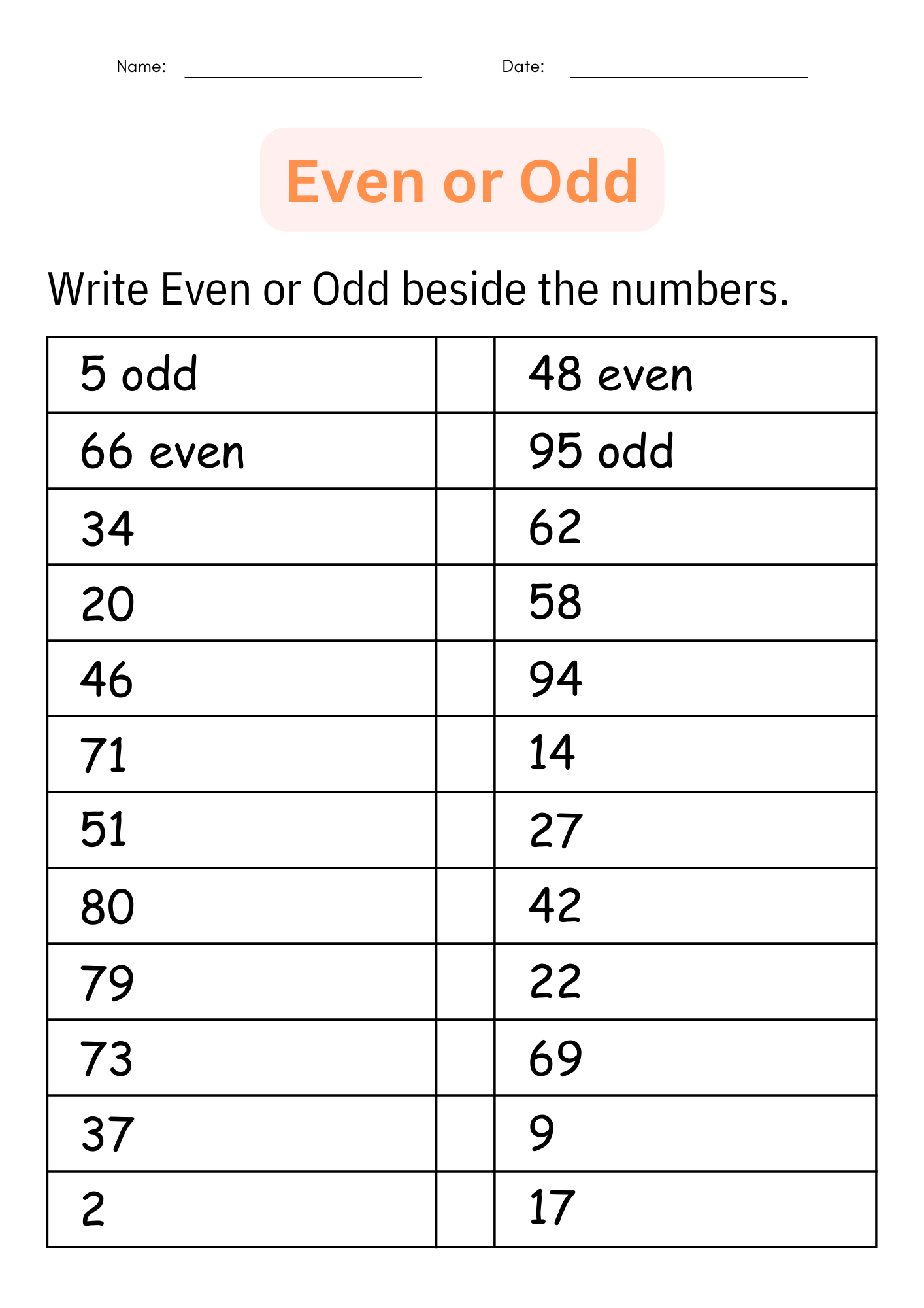odd and even worksheets