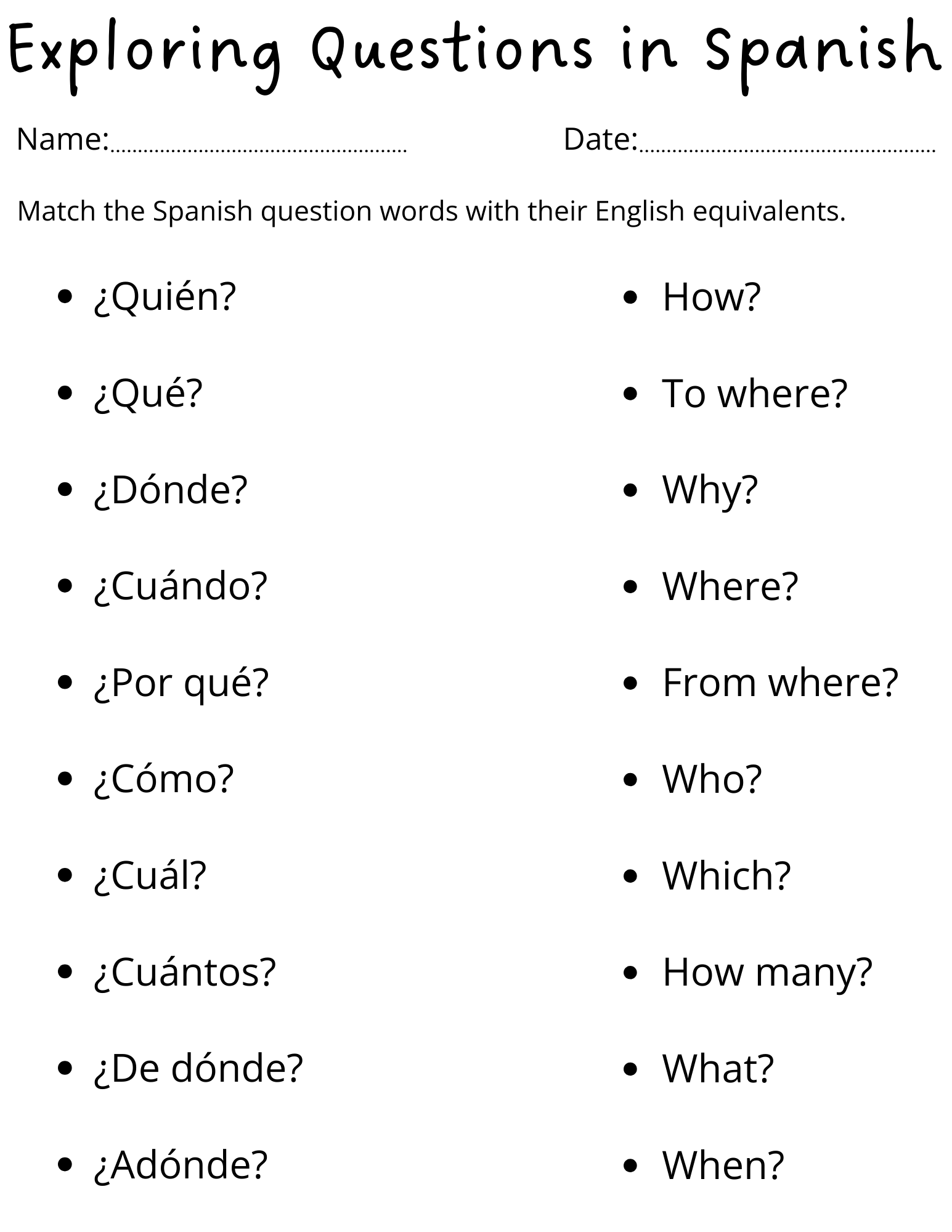 Printable Spanish Question Words Worksheet For Kids Teaching Resources
