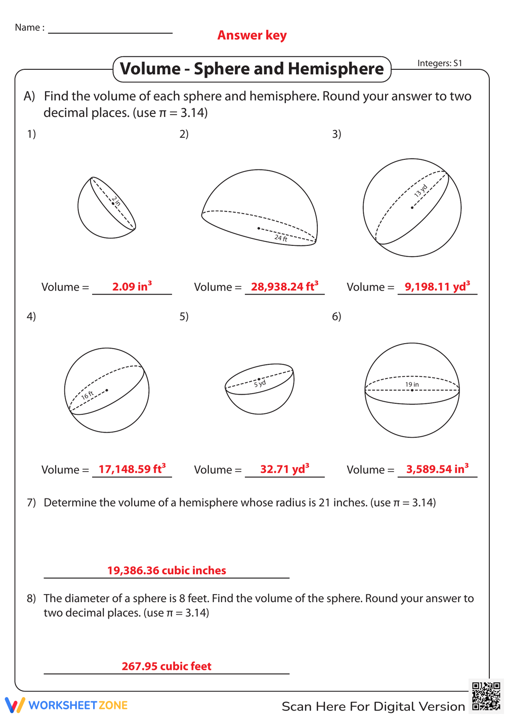 Printable Volume Of A Sphere Worksheets