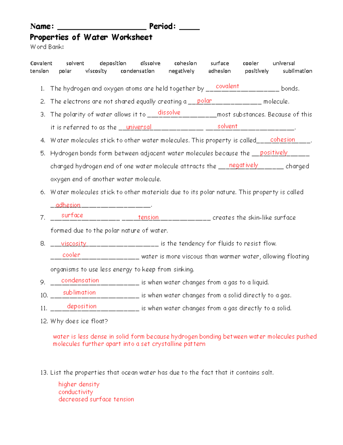 Properties Of Water Worksheet KEY Understanding Essentials Studocu