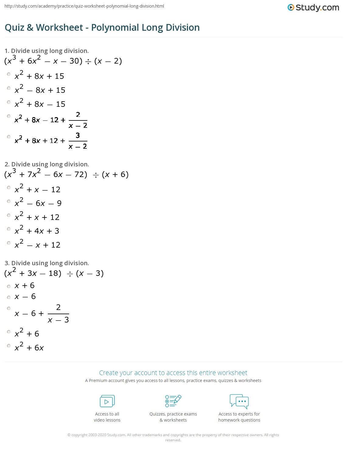 Quiz amp Worksheet Polynomial Long Division Study Worksheets Library