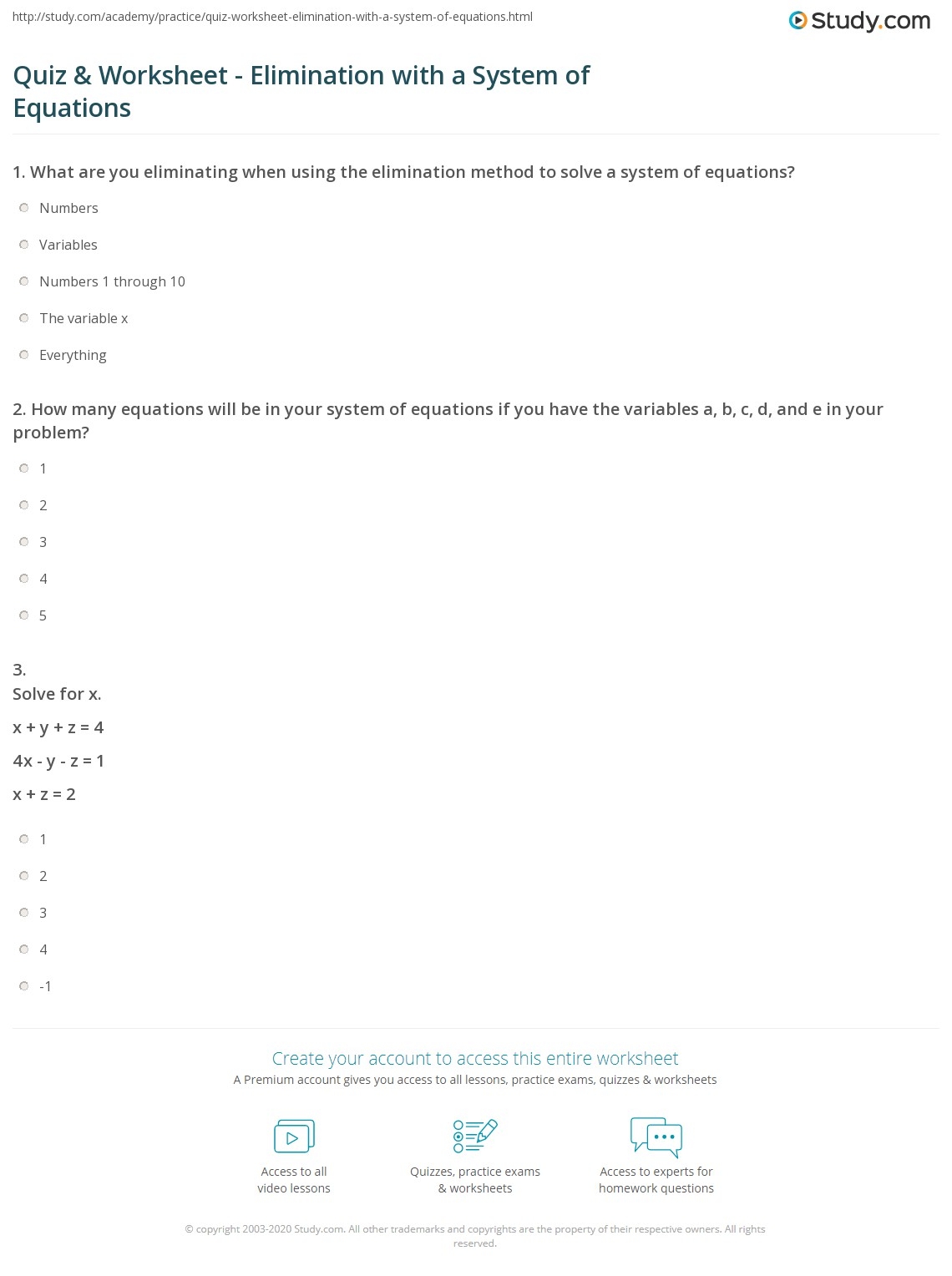 Quiz Worksheet Elimination With A System Of Equations Study