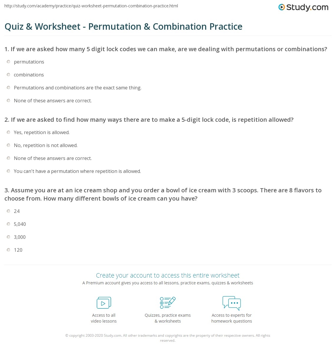 Quiz Worksheet Permutation Combination Practice Study Quiz Worksheet Permutation Combination Practice Study
