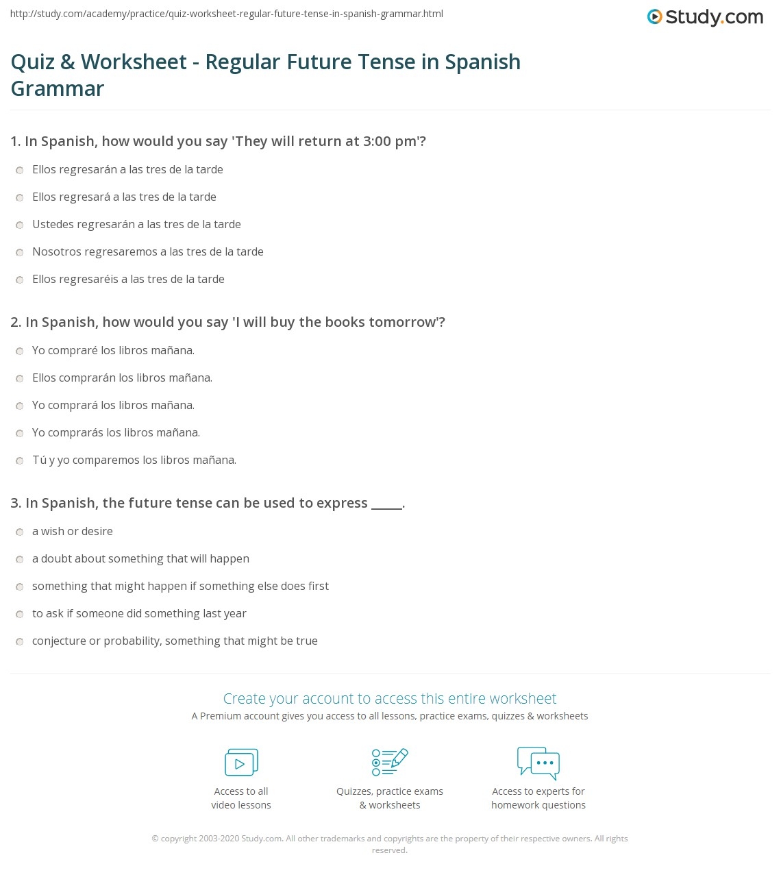 Quiz Worksheet Regular Future Tense In Spanish Grammar Study