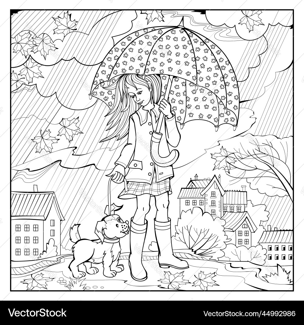Rainy Day Coloring Page M dchen Und Hund Vektorbild Rainy Day Coloring Page M dchen Und Hund Vektorbild