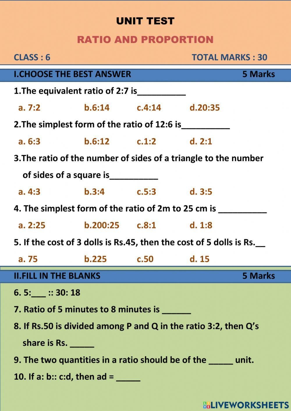 Ratio And Proportion Worksheet For Grade 6 Live Worksheets Worksheets Library