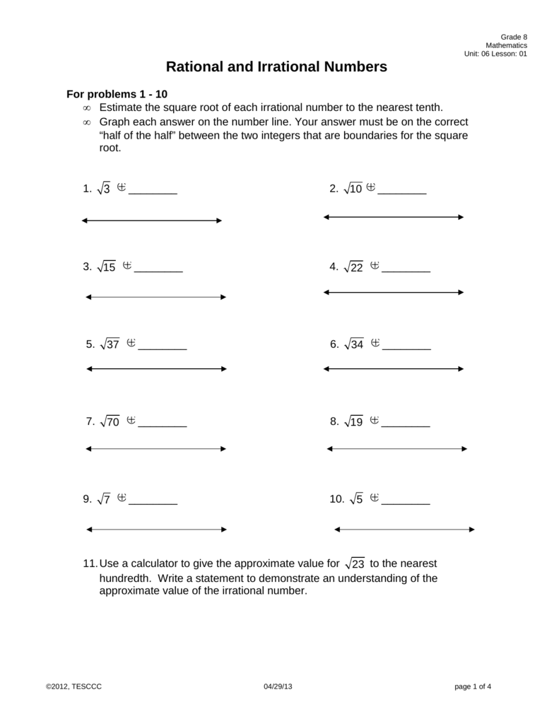 Rational Irrational Numbers Worksheet Grade 8 Math