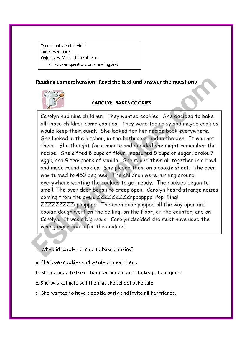 Reading Comprehension Read The Text And Answer The Questions CAROLYN BAKES COOKIES ESL Worksheet By Fafauu