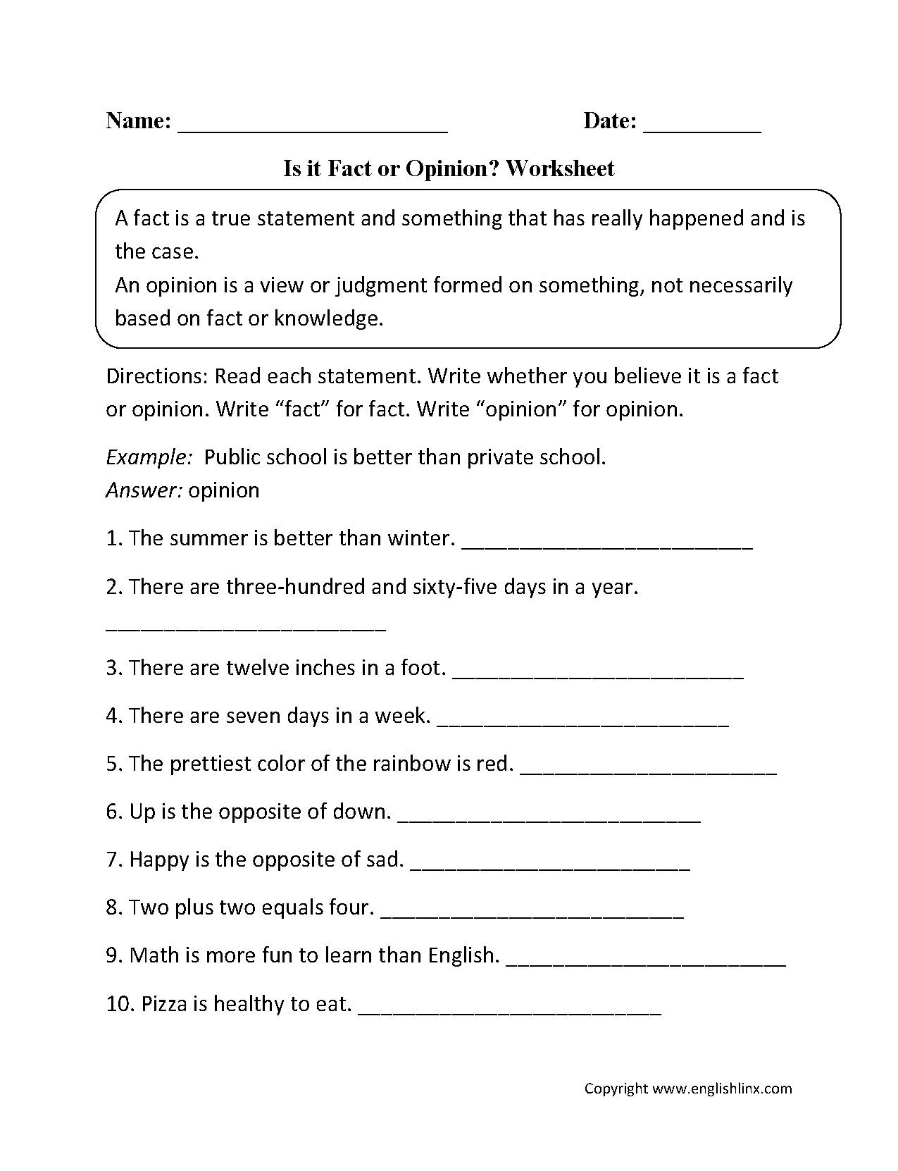 fact and opinion worksheet