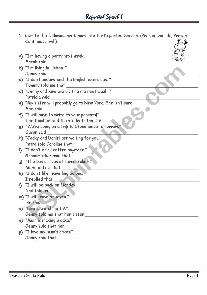 Reported Speech Exercises ESL Worksheet By Sonita75 Reported Speech Exercises ESL Worksheet By Sonita75