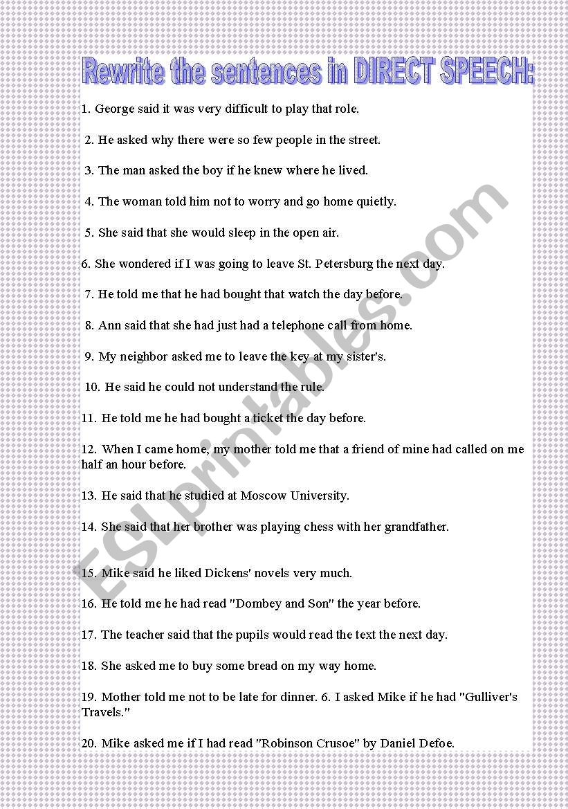 REPORTED SPEECH Practice Writing The Indirect Speech Into Direct ESL Worksheet By Nurikzhan REPORTED SPEECH Practice Writing The Indirect Speech Into Direct ESL Worksheet By Nurikzhan