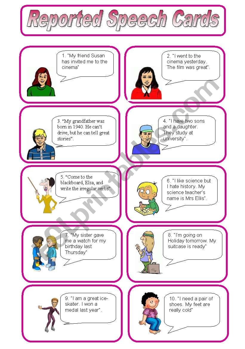 Reported Speech Speaking Cards ESL Worksheet By Coyote chus Reported Speech Speaking Cards ESL Worksheet By Coyote chus