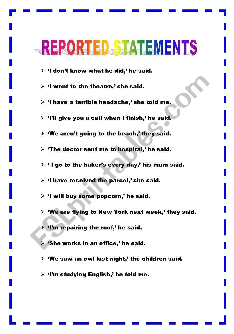 Reported Speech Statements ESL Worksheet By Lolain Reported Speech Statements ESL Worksheet By Lolain