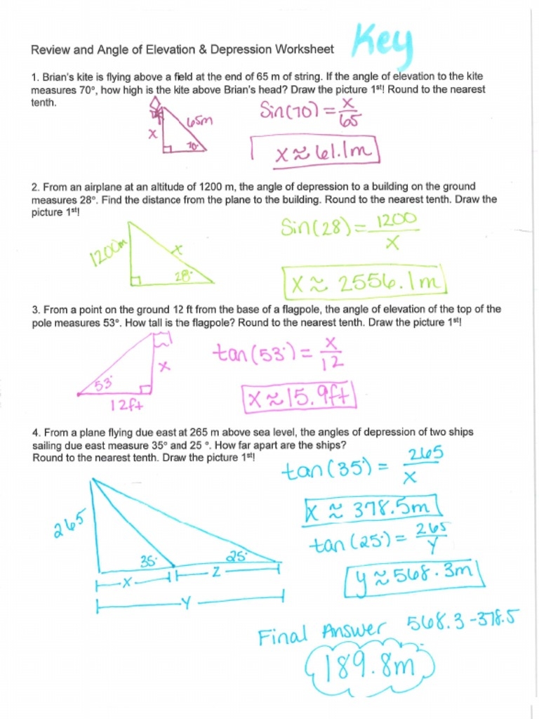 Review And Angle Of Elevation Depression Worksheet Key PDF Worksheets Library
