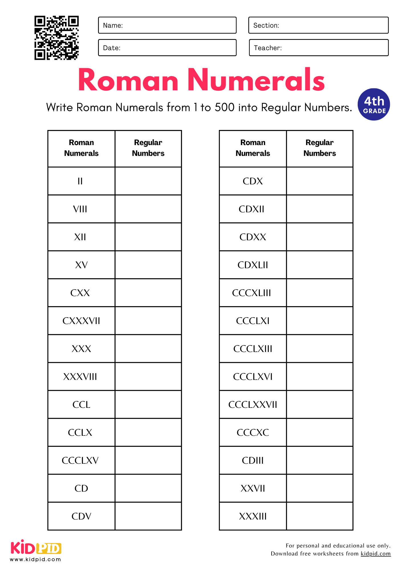 Roman Numbers From 1 To 500 Into Regular Number Worksheets For Grade 4 Kidpid