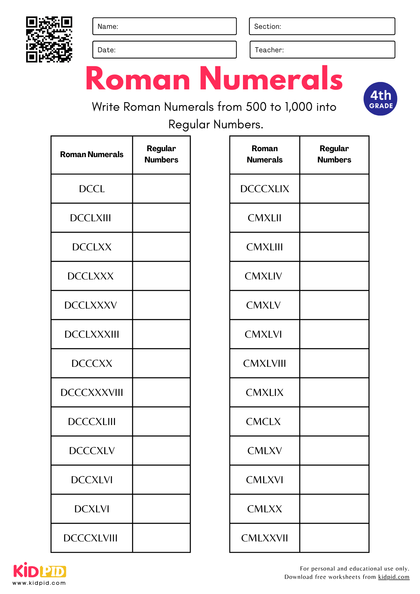Roman Numbers From 500 To 1 000 Into Regular Number Worksheets For Grade 4 Kidpid
