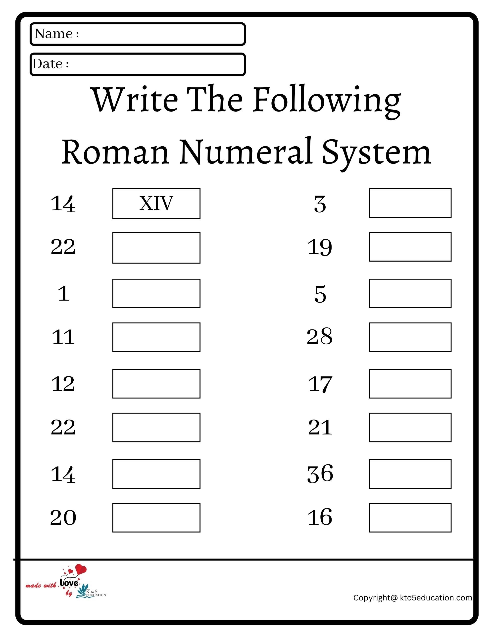 roman numerals practice worksheet