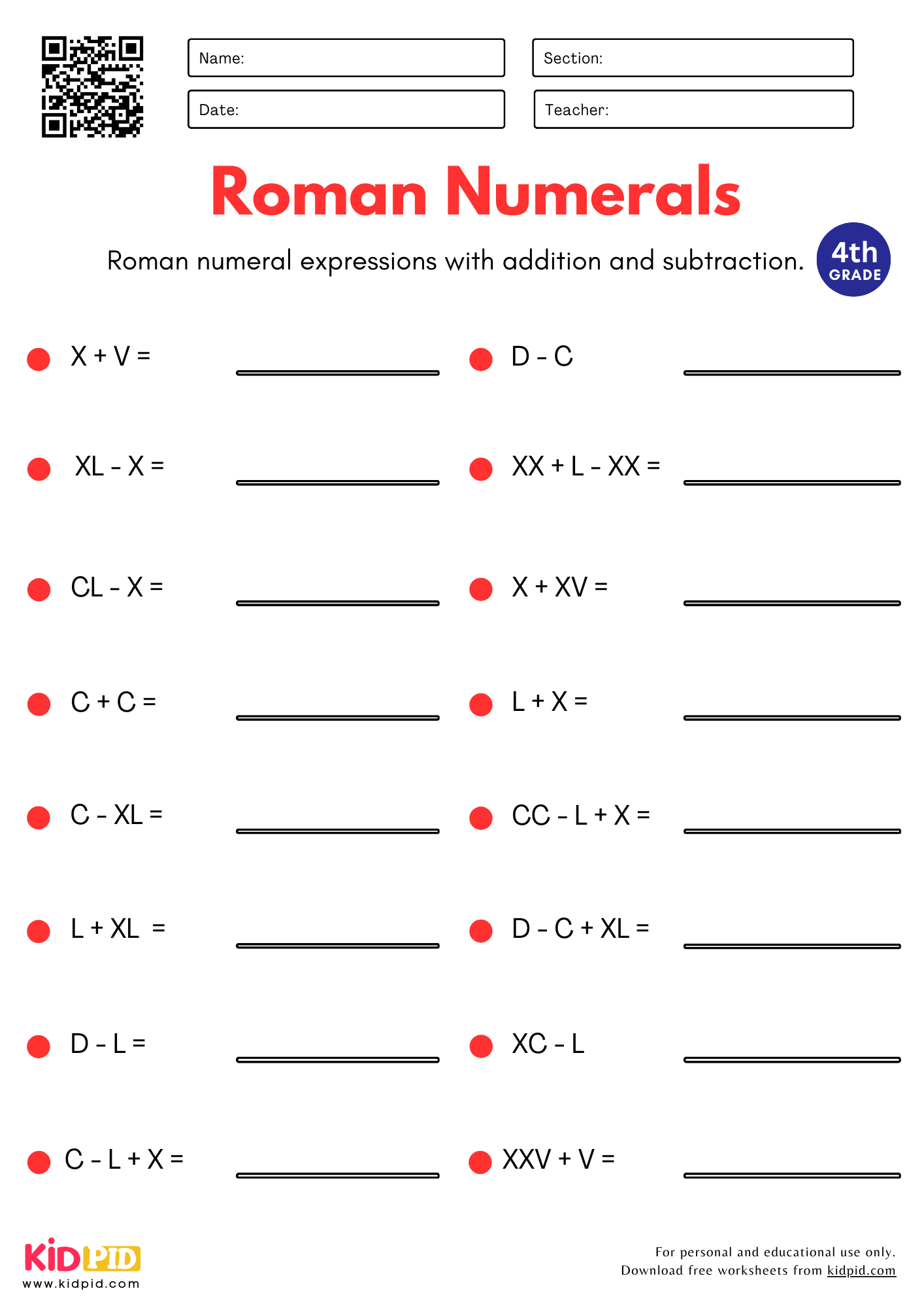 Roman Numerals By Addition And Subtraction Worksheets For Grade 4 Kidpid Roman Numerals By Addition And Subtraction Worksheets For Grade 4 Kidpid