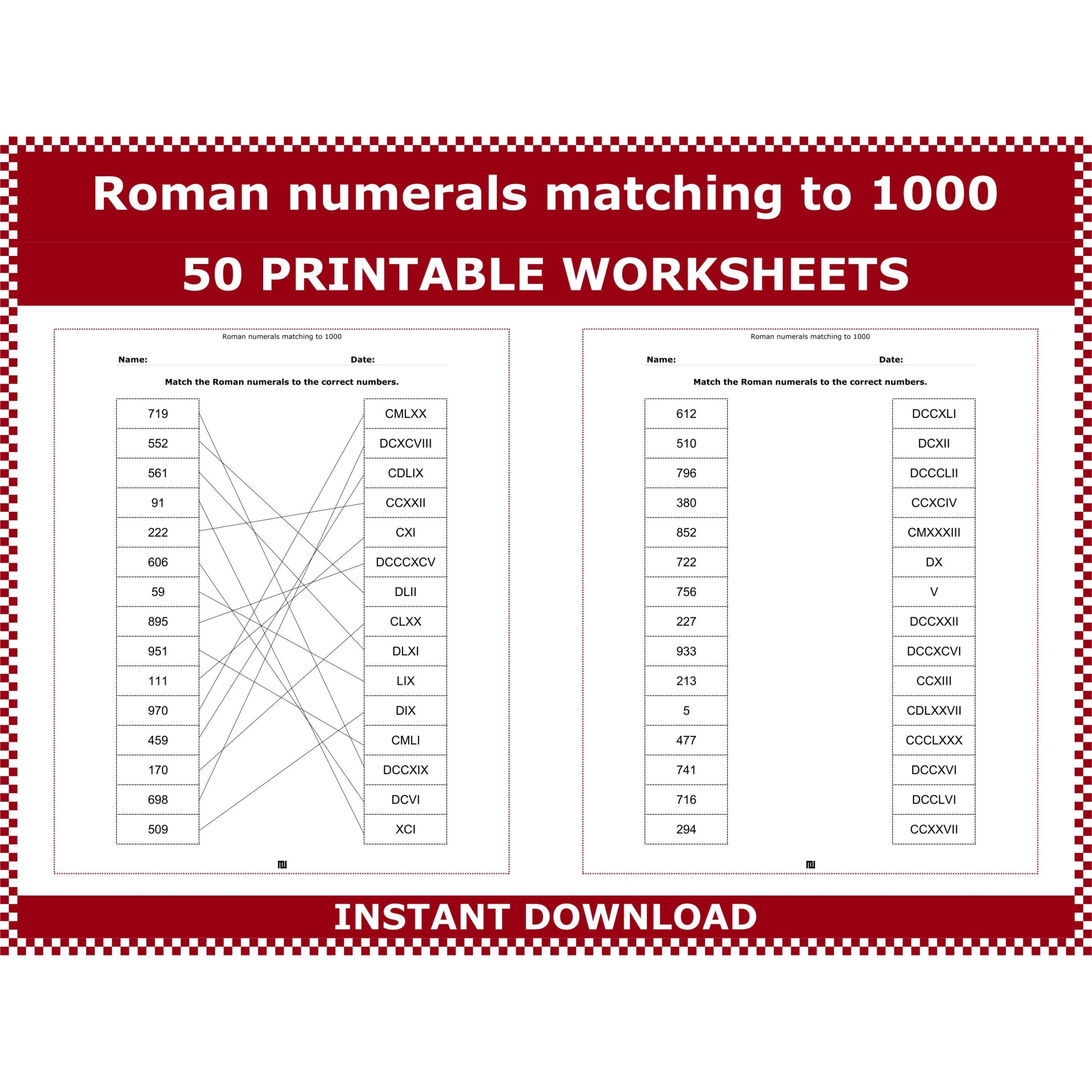 Roman Numerals Matching Worksheet Numbers 1 1000 PDF Pattern Etsy Roman Numerals Matching Worksheet Numbers 1 1000 PDF Pattern Etsy